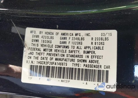2015 Honda Accord Lx from USA, damaged, VIN 1HGCR2F39FA146675